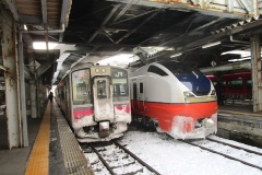 秋田駅に到着。右の車両は特急「つがる2号」