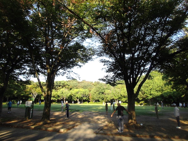 浜松城内の公園でラジオ体操をする人たち