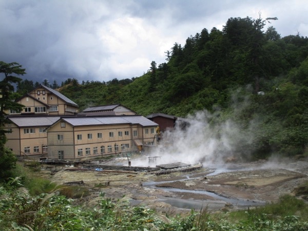 湯けむりの立ちのぼる後生掛温泉を見下ろす