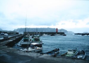 野伏漁港。対岸に新島を見る