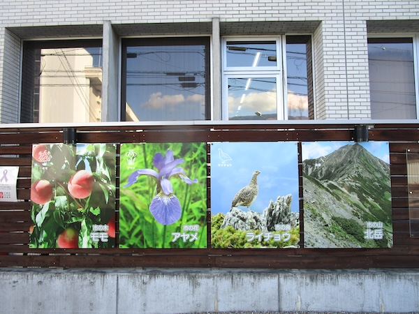 IMG_9831 南アルプス市役所。市の山は北岳、市の鳥はライチョウ、市の花はアヤメ、市の木はモモ